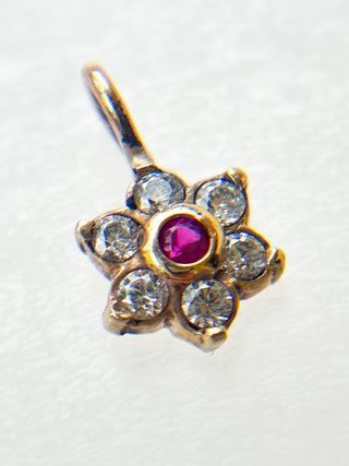 Flower Pendant with Syn Ruby & CZ | 9ct Gold | 18-Inch Diamond Anchor Chain | 0.72g