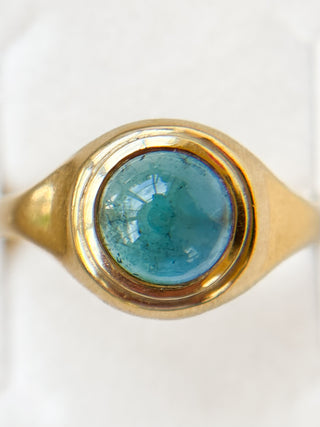 Blue-Green Bi-Colour Tourmaline Cabochon Solitaire Ring | 18ct Gold | Size Q | 5.85g