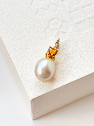 Cultured Pearl, Diamond & Citrine Drop Pendant | 18-Inch Fine Cable Link Chain | 4.39g | 3cm