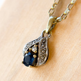 Sapphire & Diamond Pendant 14ct Necklace | 2g | 18" Fine Cable Chain 9ct