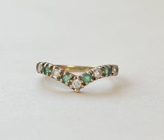 Chevron Ring with Green & Clear CZ Stones | 9ct Gold | Size L | 1.6g