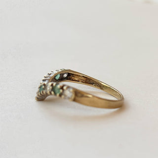Chevron Ring with Green & Clear CZ Stones | 9ct Gold | Size L | 1.6g