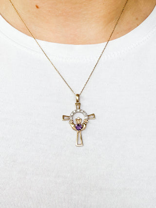 Amethyst Claddagh Cross Pendant | 9ct Gold | 2.78g