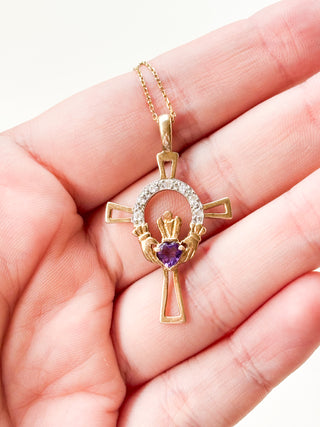 Amethyst Claddagh Cross Pendant | 9ct Gold | 2.78g